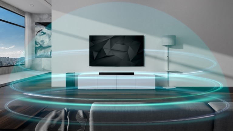Zvučni valovi u obliku plave kupole i s tri sloja prekrivaju Sound Bar i televizor u dnevnom boravku. Oznaka NOVO prikazana je u gornjem lijevom kutu.