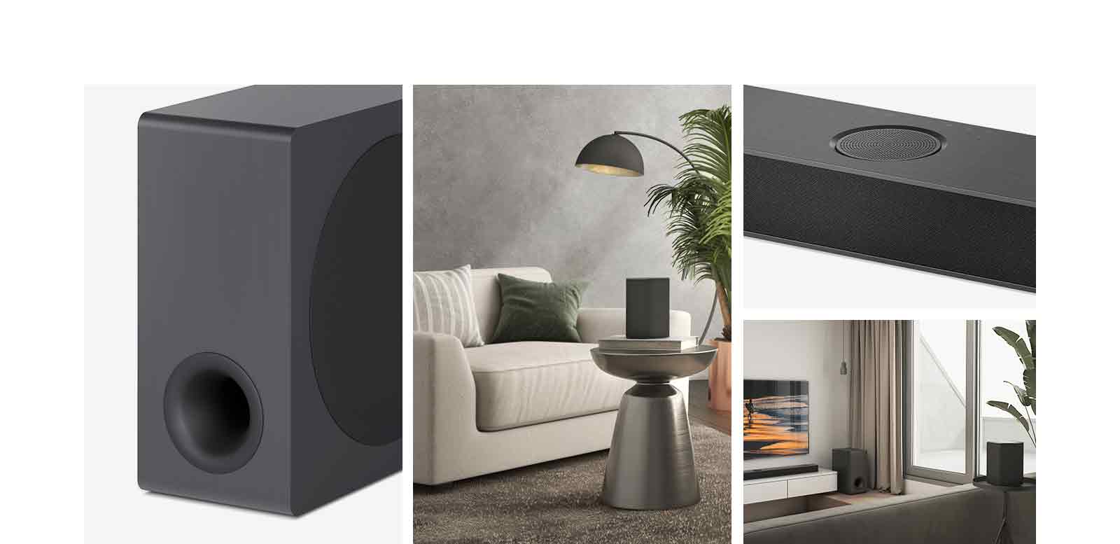 Kolaž. Slijeva, slika niskofrekvencijskog zvučnika, stražnji zvučnik stavlja se na stolić za kavu u dnevnoj sobi. S desne strane, od vrha prema dolje: prikaz izbliza središnjeg kanala usmjerenog prema gore. LG Sound Bar set i LG TV stavljaju se u spavaćoj sobi. TV zaslon prikazuje plažu u zalazu sunca.