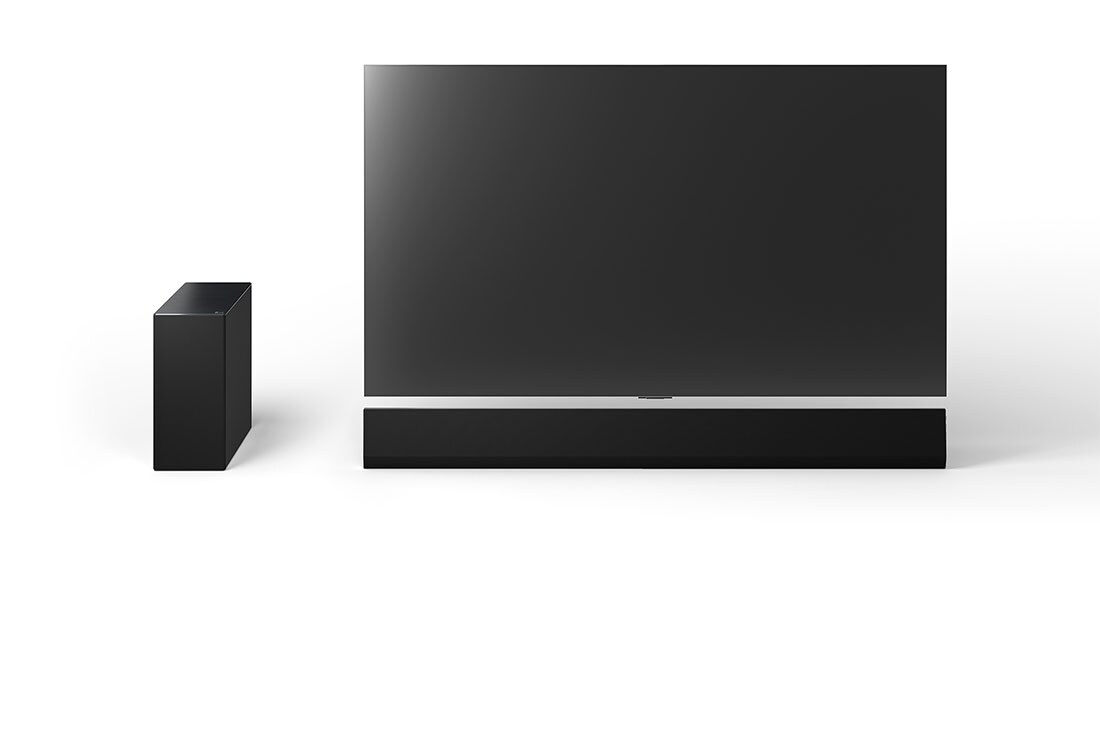 LG SG10TY LG Soundbar s Dolby Atmos 3.1-kanalnim zvukom za televizor, Prikaz prednje strane televizora LG OLED G4 od 65 inča, kućnog kina LG Soundbar SG10TY i niskofrekventnog zvučnika (subwoofer), SG10TY, thumbnail 10