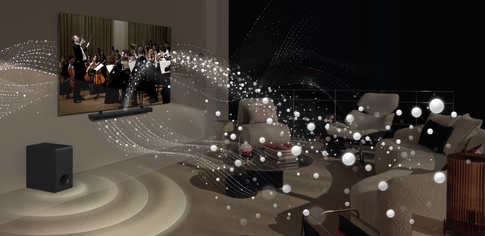  LG Soundbar, LG televizor i niskofrekventni zvučnik (subwoofer) u dnevnom boravku koji reproduciraju glazbeni nastup. Bijele kapljice stvaraju zvučne valove koji se kreću prema gore i naprijed iz Soundbara i prikazuju se na televizoru. Niskofrekventni zvučnik (subwoofer) stvara zvučni efekt odozdo.