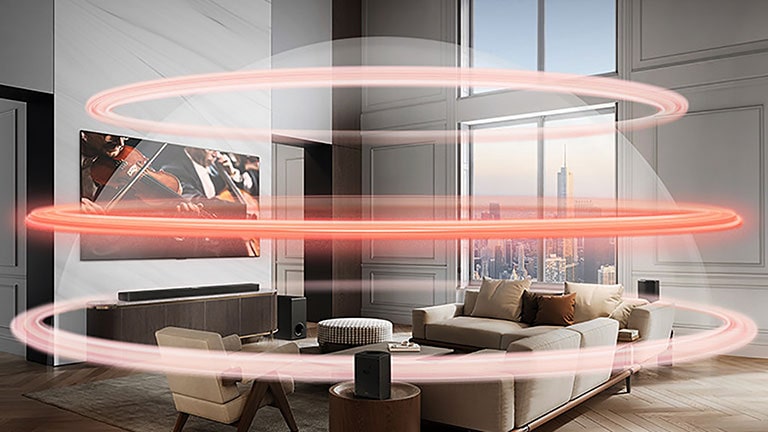 LG Soundbar i televizoru velikom gradskom stanu. Tri crvene trake pojavljuju se jedna po jedna prikazujući virtualne slojeve i spajaju se stvarajući potpunu zvučnu kupolu.