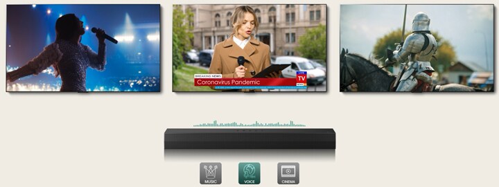 Prikazuju se tri televizijska zaslona: Žena pjeva s mikrofonom u ruci, novinarka govori s mikrofonom i tabletom u rukama, a srednjovjekovni vojnik u oklopu jaše na konju. Ispod televizora nalazi se kućno kino Soundbar SH5A s prikazom EQ grafike. Na dnu su prikazane tri ikone: GLAZBA, GLAS i KINO.