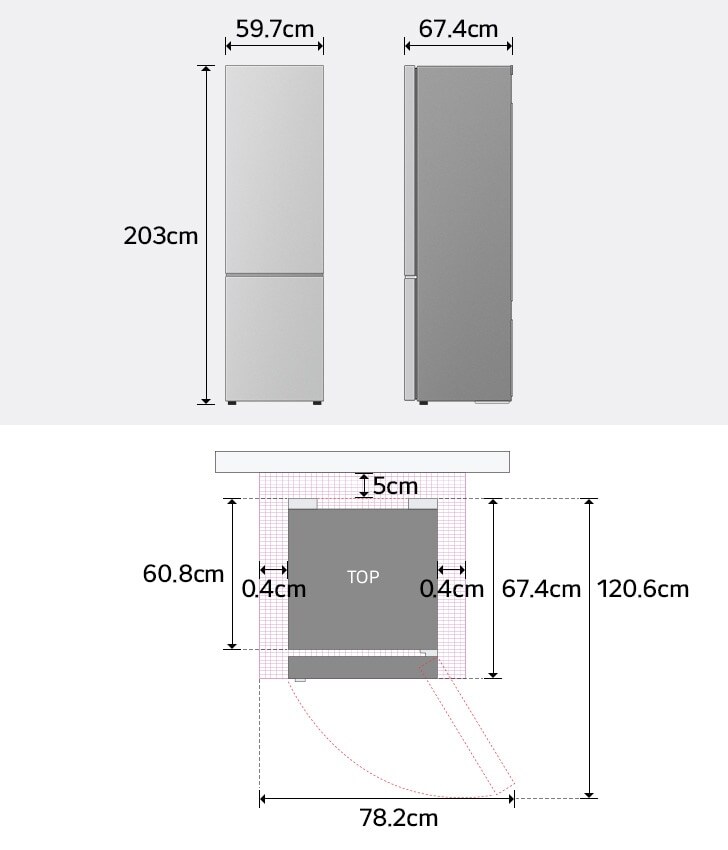 Dimenzije LG donjeg zamrzivača s prednje i bočne strane: visina, širina, dubina

