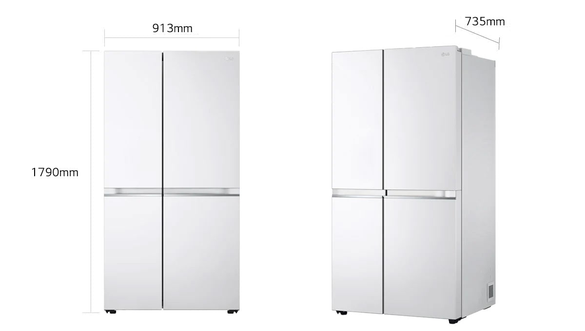 Dve sliki hladilnika sta ena poleg druge. Prva slika prikazuje sprednji pogled na izdelek z dimenzijami: širina 913 mm in višina 1790 mm. Druga slika prikazuje stranski pogled na izdelek z merami: globina 735 mm 