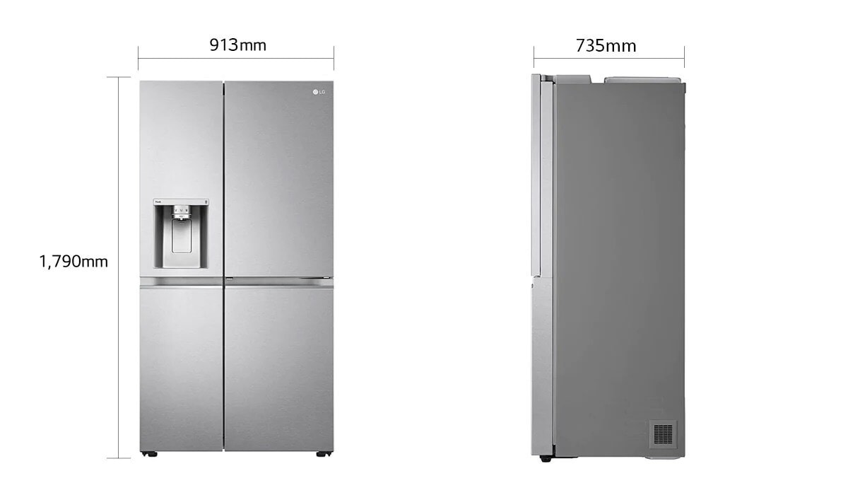 Dvije slike hladnjaka su jedna do druge. Na prvoj slici vidljiv je prednji pogled proizvoda s podacima o dimenzijama: širina 913 mm i visina 1790 mm. Na drugoj slici vidi se bočni pogled proizvoda s podacima o dimenziji: dubina 735 mm
