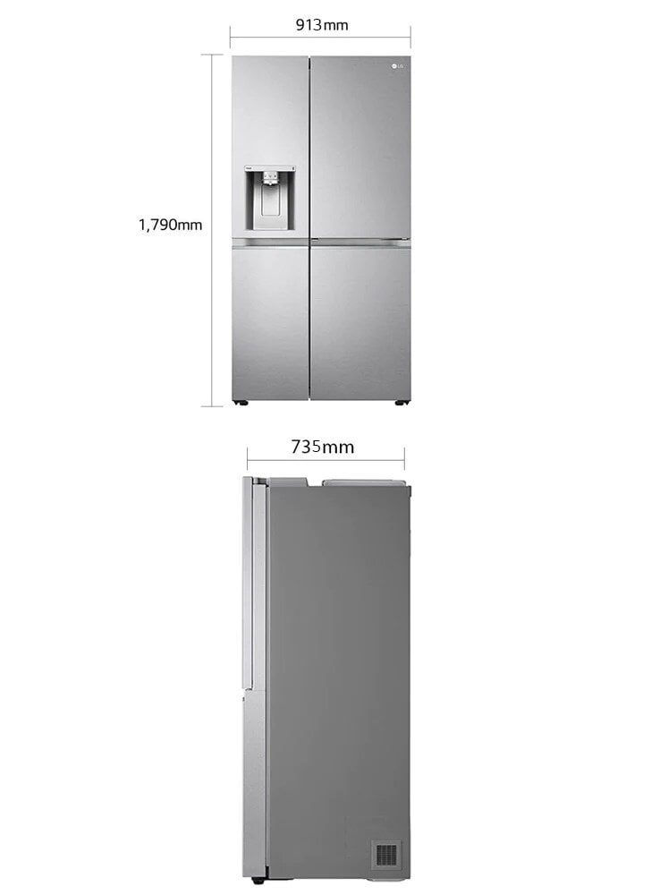 Dvije slike hladnjaka su jedna do druge. Na prvoj slici vidljiv je prednji pogled proizvoda s podacima o dimenzijama: širina 913 mm i visina 1790 mm. Na drugoj slici vidi se bočni pogled proizvoda s podacima o dimenziji: dubina 735 mm
