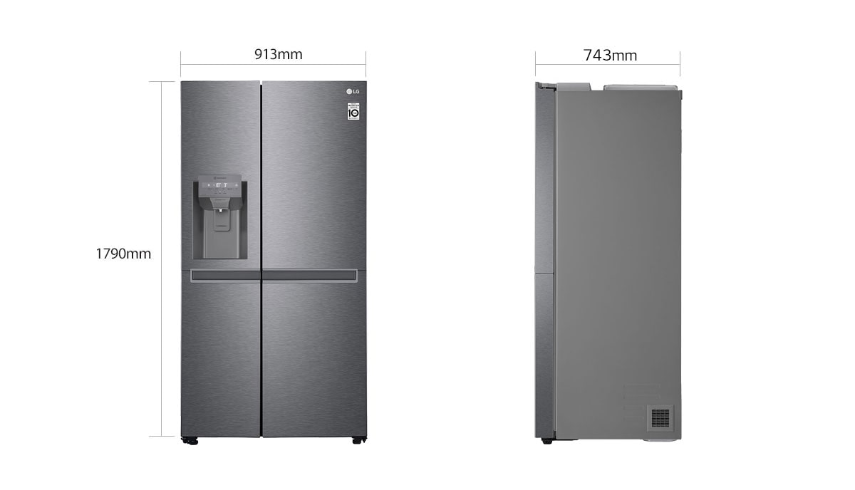 Dve sliki hladilnika sta ena poleg druge.  Prva slika prikazuje sprednji pogled na izdelek z dimenzijami: širina 913 mm in višina 1790 mm.  Druga slika prikazuje stranski pogled na izdelek z informacijami o dimenzijah: globina 743 mm

