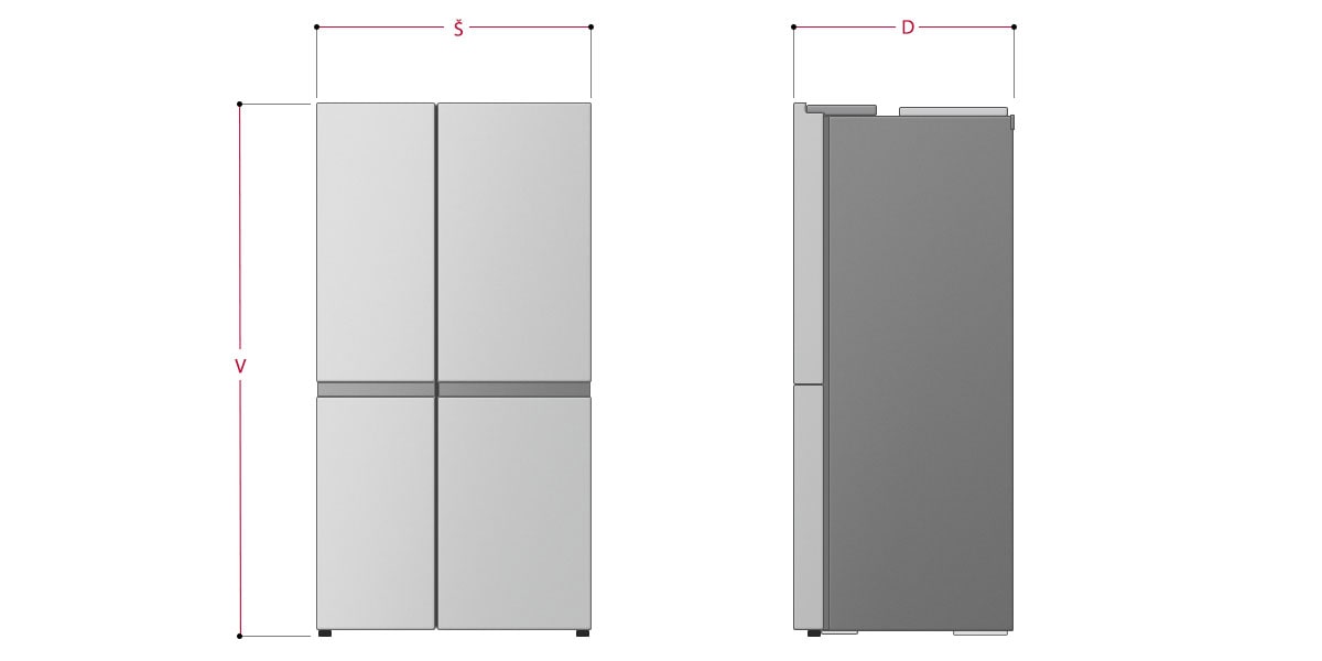 Dve sliki hladilnika sta ena poleg druge. Prva slika prikazuje sprednji pogled izdelka z dimenzijami: širina 913 mm in višina 1790 mm. Na drugi sliki lahko vidite stranski pogled izdelka s podatki dimenzij: globina 735 mm