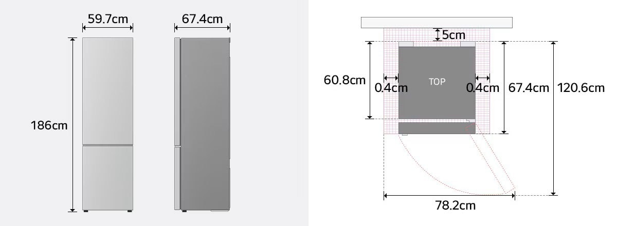 Dimenzije LG donjeg zamrzivača s prednje i bočne strane: visina, širina, dubina.