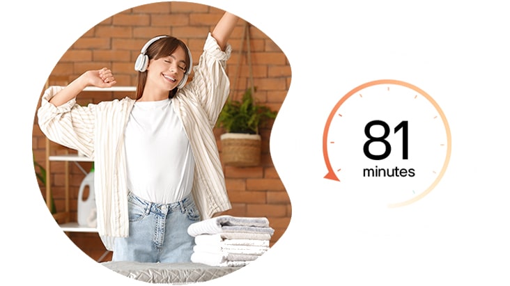 Prikaz nasmijane žene koja uživa u svježe osušenom rublju i glazbi, uz ikonu sata koja označava vrijeme sušenja od 81 minute.