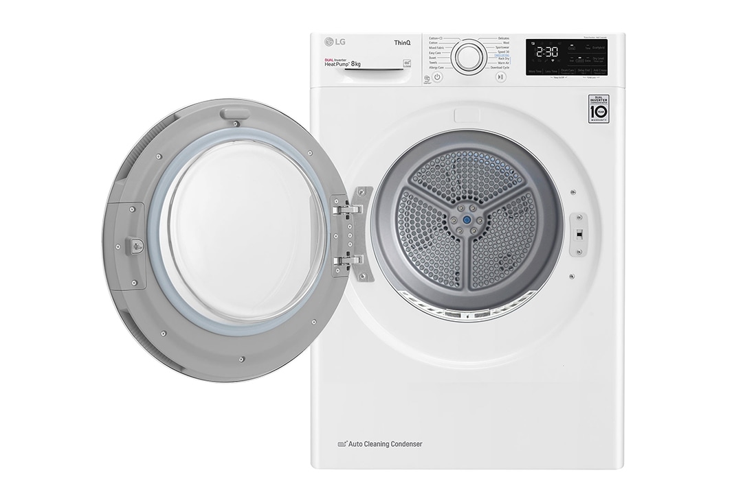 LG 8 kg, Eco Hybrid™ DUAL Inverter sušilica rublja sa toplinskom pumpom, kondenzator sa automatskim čišćenjem, ThinQ™ WiFi funkcija, Pogled sprijeda s otvorenim vratima, RH80V3AV6N, thumbnail 2