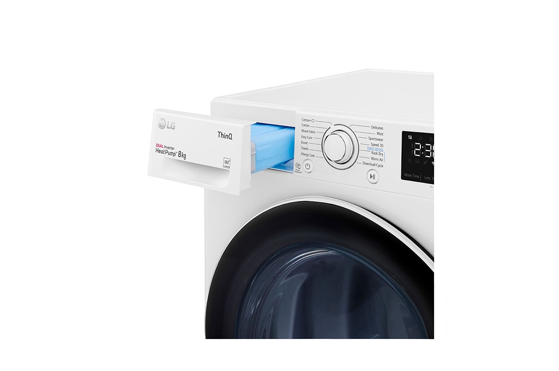 LG 8 kg, Eco Hybrid™ DUAL Inverter sušilica rublja sa toplinskom pumpom, kondenzator sa automatskim čišćenjem, ThinQ™ WiFi funkcija, Pogled na dozator deterdženta i sredstva za ispiranje, RH80V3AV6N, thumbnail 6