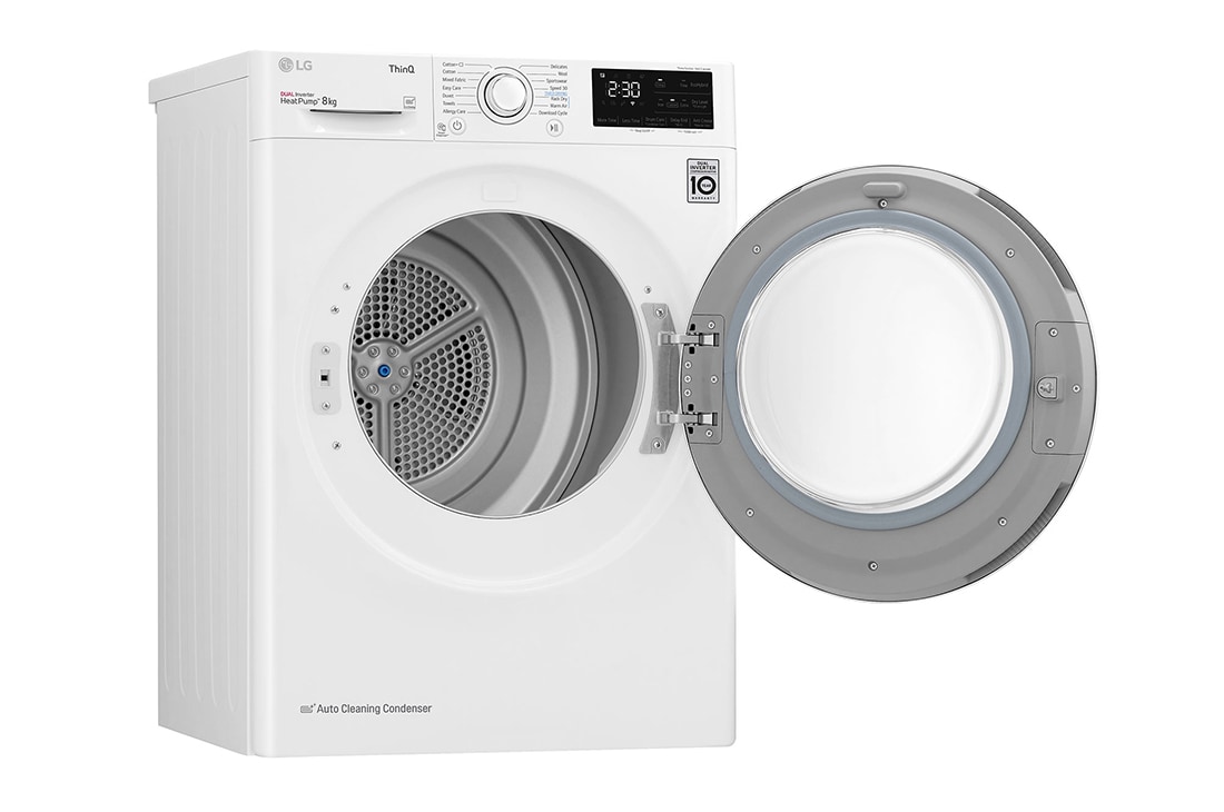 LG 8 kg, Eco Hybrid™ DUAL Inverter sušilica rublja sa toplinskom pumpom, kondenzator sa automatskim čišćenjem, ThinQ™ WiFi funkcija, Pogled s lijeve strane s otvorenim vratima, RH80V3AV6N, thumbnail 9