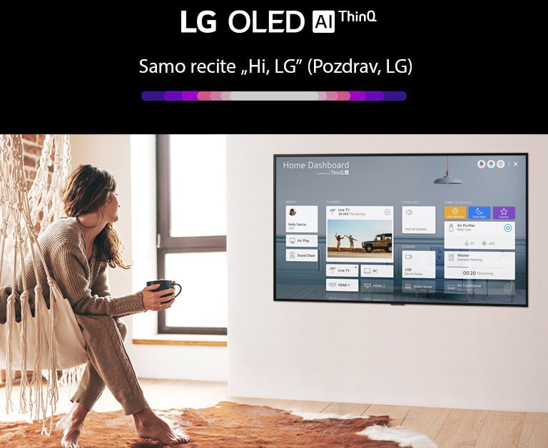 Žena sjedi na naslonjaču u dnevnoj sobi, a na zaslonu televizora prikazuje se kućna nadzorna ploča (Home Dashboard)