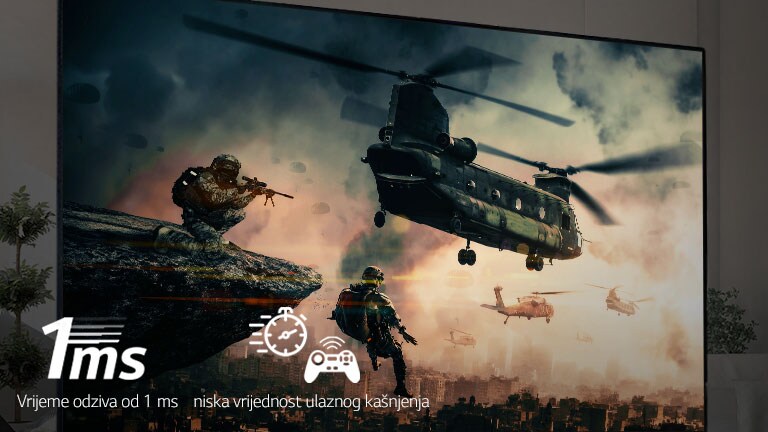 TV zaslon s prikazom borbene igre s naoružanim vojnicima i helikopterima koji lete u nebo.