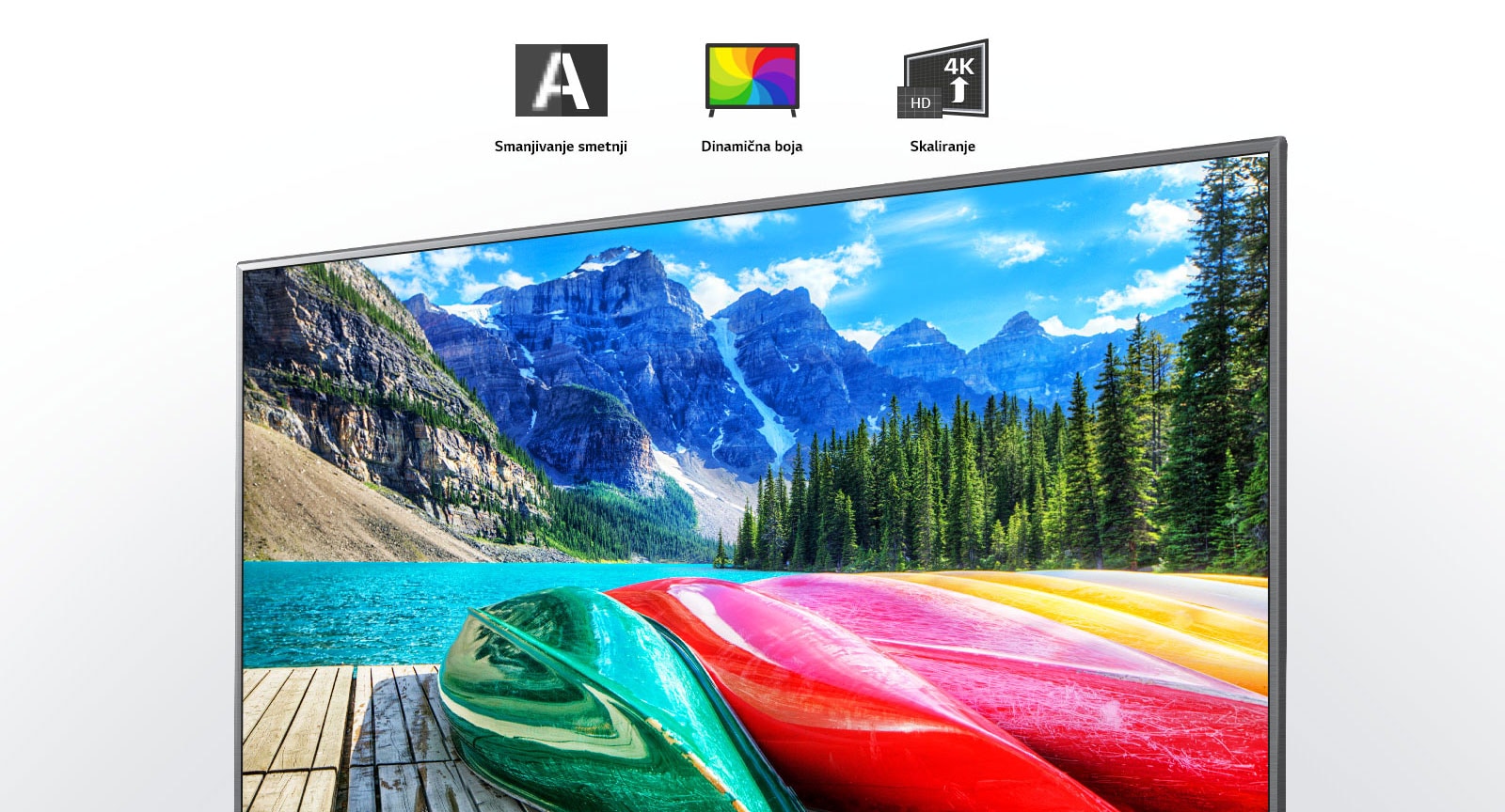 Smanjivanje smetnji, dinamična boja i ikone za skaliranje, uz zaslon televizora koji prikazuje panoramsku fotografiju planina, šume i jezera.