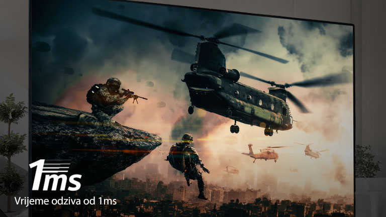 TV zaslon s prikazom borbene igre s naoružanim vojnicima i helikopterima koji lete u nebo.