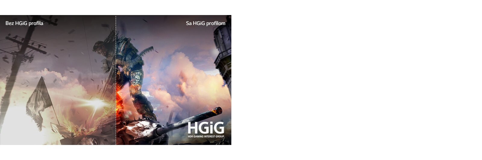 Scena iz videoigre, polovica je prikazana na televizoru LCD/LED slabe kvalitete slike, dok je druga polovica prikazana na televizoru LG OLED bistre i raskošne kvalitete slike