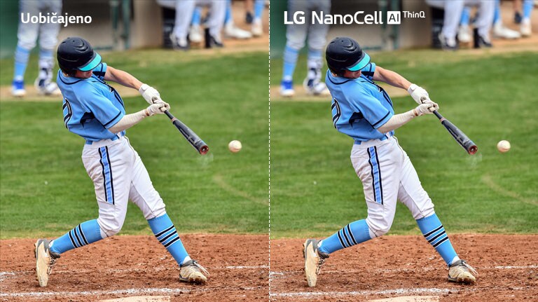 Scena iz nogometne utakmice, polovica je prikazana na uobičajenom televizoru LCD/LED uz mutnu kvalitetu slike, dok je druga polovica prikazana na televizoru NanoCell uz jasnu kvalitetu slike