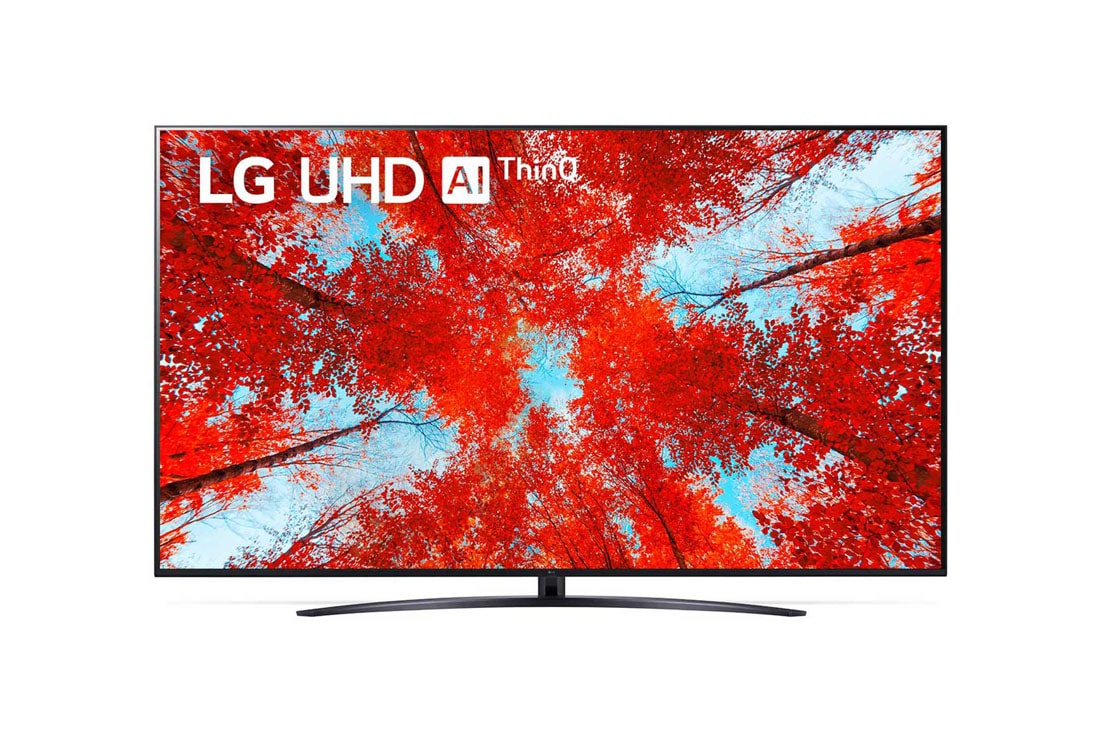 LG 75'' (189 cm) 4K HDR Smart UHD TV, LG 75UQ91003LA Prikaz prednje strane televizora LG UHD s nadograđenom slikom i na njoj logotip proizvoda, 75UQ91003LA