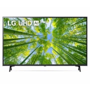LG 43'' (108 cm) 4K HDR Smart UHD TV, Prikaz prednje strane televizora LG UHD s nadograđenom slikom i na njoj logotip proizvoda, 43UQ80003LB, thumbnail 1