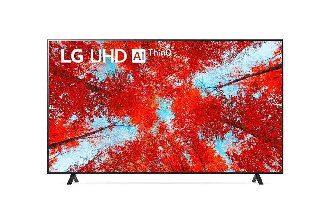 LG 75'' (189 cm) 4K HDR Smart UHD TV, LG 75UQ90003LA Prikaz prednje strane televizora LG UHD s nadograđenom slikom i na njoj logotip proizvo, 75UQ90003LA