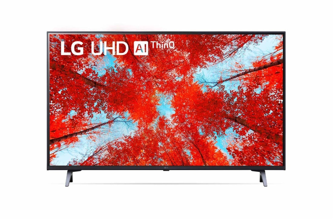 LG 43'' (108 cm) 4K HDR Smart UHD TV, LG 43UQ90003LA Prikaz prednje strane televizora LG UHD s nadograđenom slikom i na njoj logotip proizvo, 43UQ90003LA