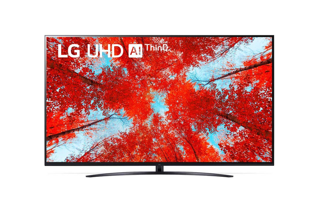 LG 86'' (217 cm) 4K HDR Smart UHD TV, Prikaz prednje strane televizora LG UHD s nadograđenom slikom i na njoj logotip proizvoda, 86UQ91003LA