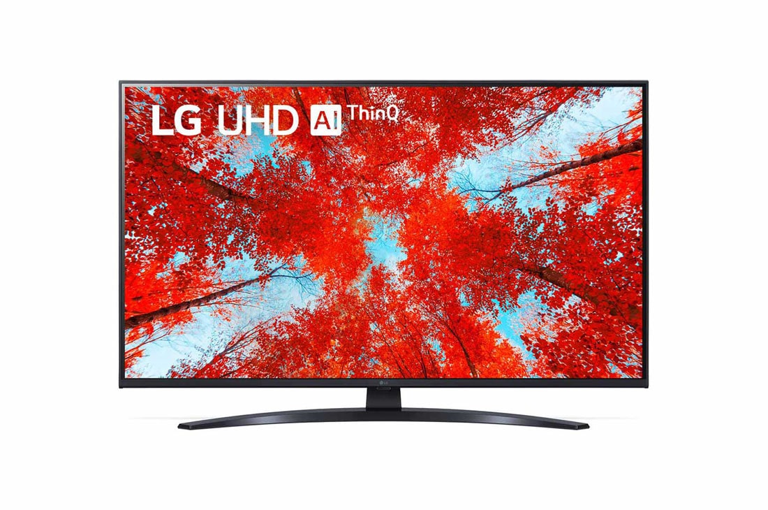 LG 43'' (108 cm) 4K HDR Smart UHD TV, Prikaz prednje strane televizora LG UHD s nadograđenom slikom i na njoj logotip proizvoda, 43UQ91003LA