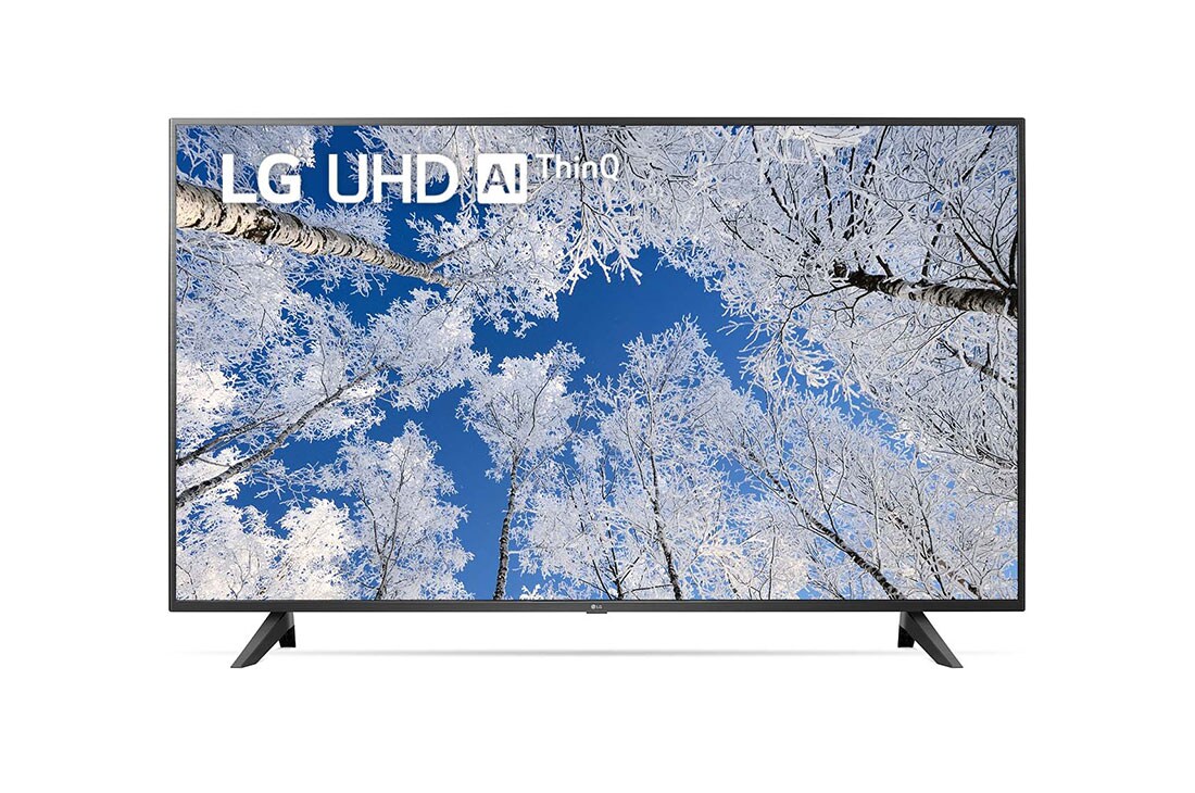 LG 65'' (164 cm) 4K HDR Smart UHD TV, Prikaz prednje strane televizora LG UHD s nadograđenom slikom i na njoj logotip proizvoda, 65UQ70003LB