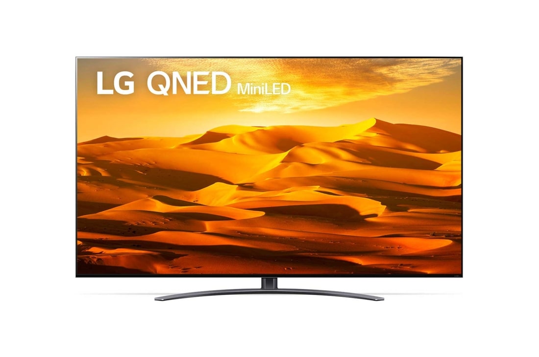 LG 65'' (164 cm) 4K HDR Smart QNED MiniLED TV, Prikaz prednje strane televizora LG QNED s nadograđenom slikom i na njoj logotip proizvoda, 65QNED913QA