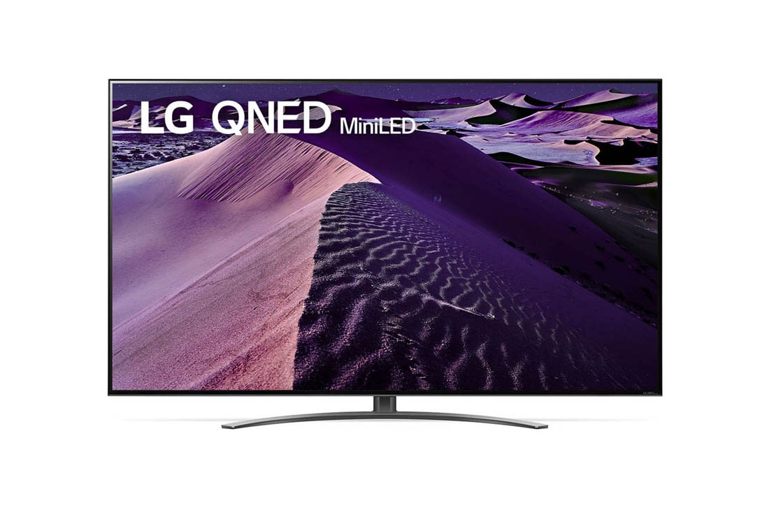 LG QNED 55'' QNED86 MiniLED 4K TV, Prikaz prednje strane televizora LG QNED s nadograđenom slikom i na njoj logotip proizvoda, 55QNED863QA