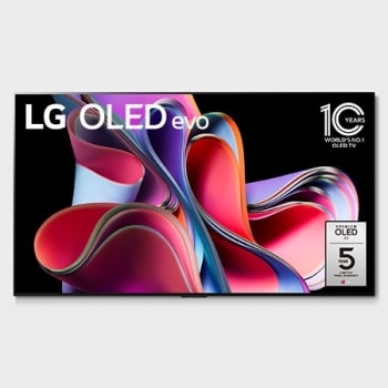 Prikaz prednje strane uz LG OLED evo, znak 10 godina svjetski br. 1 OLED, i logotip petogodišnjeg jamstva na ploču na zaslonu1