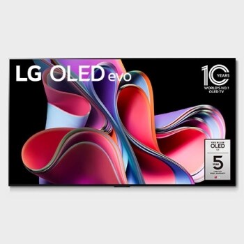 Prikaz prednje strane uz LG OLED evo, znak 10 godina svjetski br. 1 OLED, i logotip petogodišnjeg jamstva na ploču na zaslonu1