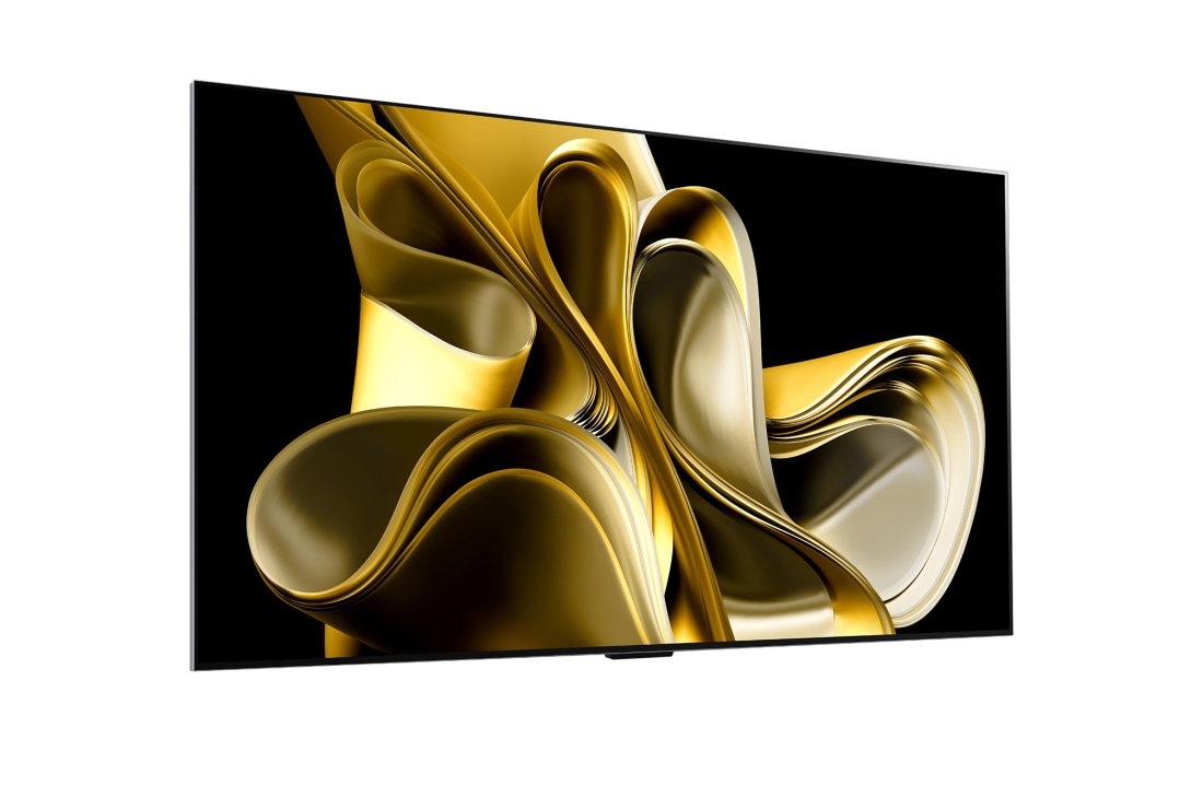 LG Prvi televizor na svijetu sa značajkom istinske bežične povezivosti True Wireless LG OLED evo AI M3 od 77 inča s bežičnim prijenosom slike i zvuka od 4K 120 Hz , Blago zakošen pogled s desne strane na LG OLED M3 na zidu, OLED77M39LA, thumbnail 3