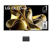 LG Prvi televizor na svijetu sa značajkom istinske bežične povezivosti True Wireless LG OLED evo AI M3 od 77 inča s bežičnim prijenosom slike i zvuka od 4K 120 Hz , Pogled sprijeda s LG OLED M3, ispod Zero Connect Box, amblem OLED TV broj 1 u svijetu tijekom 11 godina, LG OLED evo i logotipom petogodišnjeg jamstva (5-year Panel Warranty) na zaslonu, OLED77M39LA, thumbnail 1