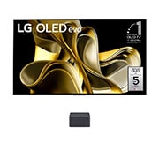 LG Prvi televizor na svijetu sa značajkom istinske bežične povezivosti True Wireless LG OLED evo AI M3 od 83 inča s bežičnim prijenosom slike i zvuka od 4K 120 Hz , Pogled sprijeda s LG OLED M3, ispod Zero Connect Box, amblem OLED TV broj 1 u svijetu tijekom 11 godina, LG OLED evo i logotipom petogodišnjeg jamstva (5-year Panel Warranty) na zaslonu, OLED83M39LA, thumbnail 1