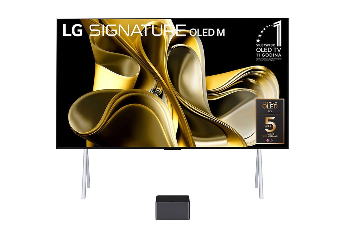 LG Prvi televizor na svijetu sa značajkom istinske bežične povezivosti True Wireless LG SIGNATURE OLED M3 od 97 inča s bežičnim prijenosom slike i zvuka od 4K 120 Hz , Pogled sprijeda s LG OLED M3, ispod Zero Connect Box, amblem OLED TV broj 1 u svijetu tijekom 10 godina, LG OLED evo i logotipom petogodišnjeg jamstva (5-year Panel Warranty) na zaslonu, OLED97M39LA