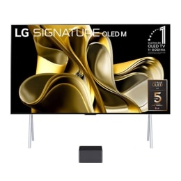 Pogled sprijeda s LG OLED M3, ispod Zero Connect Box, amblem OLED TV broj 1 u svijetu tijekom 10 godina, LG OLED evo i logotipom petogodišnjeg jamstva (5-year Panel Warranty) na zaslonu2