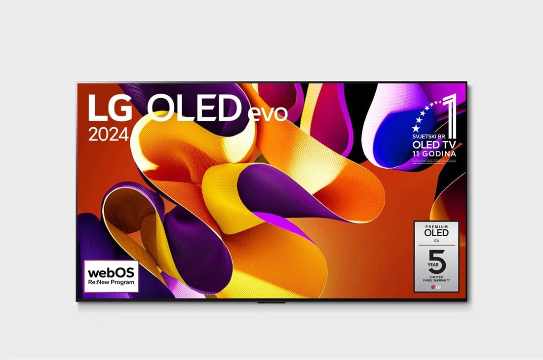 LG OLED evo G4 4K Smart TV od 83 inča 2024, Prikaz prednje strane LG OLED evo TV, OLED G4 na zaslonu se prikazuje amblem logotipa „11 godina najbolji OLED TV na svijetu” te logotip 5-godišnje jamstvo za panel, OLED83G42LW