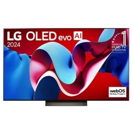 Prikaz prednje strane LG OLED evo AI TV, OLED C4, na zaslonu se prikazuje amblem „11 godina najbolji OLED TV na svijetu” i logotip opcije webOS Re:New Program, a ispod se prikazuje kućno kino Soundbar2