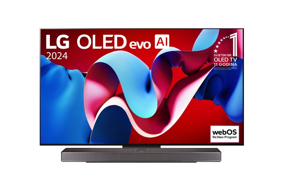 LG OLED evo AI C4 4K Smart TV od 55 inča 2024, Prikaz prednje strane LG OLED evo AI TV, OLED C4, na zaslonu se prikazuje amblem „11 godina najbolji OLED TV na svijetu” i logotip opcije webOS Re:New Program, a ispod se prikazuje kućno kino Soundbar, OLED55C41LA, thumbnail 6