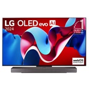 LG OLED evo AI C4 4K Smart TV od 55 inča 2024, Prikaz prednje strane LG OLED evo AI TV, OLED C4, na zaslonu se prikazuje amblem „11 godina najbolji OLED TV na svijetu” i logotip opcije webOS Re:New Program, a ispod se prikazuje kućno kino Soundbar, OLED55C41LA, thumbnail 6