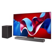 LG OLED evo AI C4 4K Smart TV od 55 inča 2024, Blago zakošen prikaz s desne strane na LG OLED evo TV, OLED C4 s LG Soundbar ispod i subwooferom sa strane, OLED55C41LA, thumbnail 3