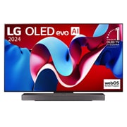 LG OLED evo AI C4 4K Smart TV od 65 inča 2024, Prikaz prednje strane LG OLED evo AI TV, OLED C4, na zaslonu se prikazuje amblem „11 godina najbolji OLED TV na svijetu” i logotip opcije webOS Re:New Program, a ispod se prikazuje kućno kino Soundbar, OLED65C41LA, thumbnail 6