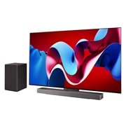 LG OLED evo AI C4 4K Smart TV od 65 inča 2024, Blago zakošen prikaz s desne strane na LG OLED evo TV, OLED C4 s LG Soundbar ispod i subwooferom sa strane, OLED65C41LA, thumbnail 3