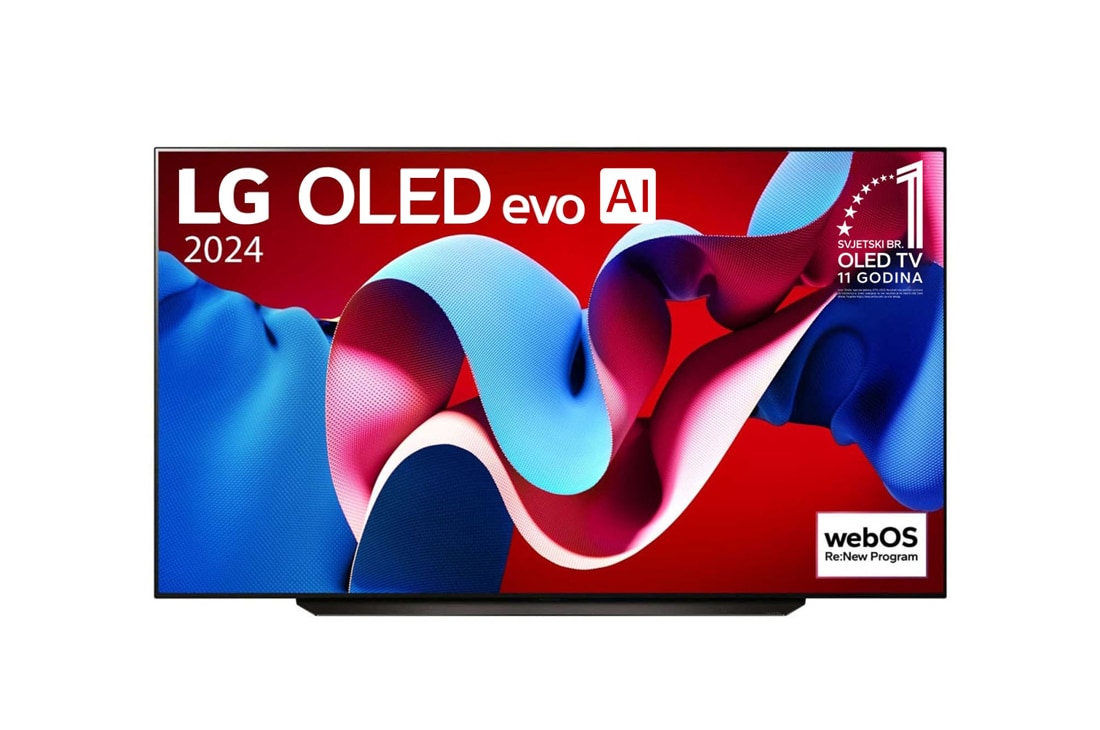 LG OLED evo AI C4 4K Smart TV od 83 inča 2024, Prikaz prednje strane LG OLED evo AI TV, OLED C4, na zaslonu se prikazuje amblem logotipa „11 godina najbolji OLED TV na svijetu” i logotip opcije webOS Re:New Program, OLED83C43LA
