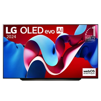 Prikaz prednje strane LG OLED evo AI TV, OLED C4, na zaslonu se prikazuje amblem logotipa „11 godina najbolji OLED TV na svijetu” i logotip opcije webOS Re:New Program
