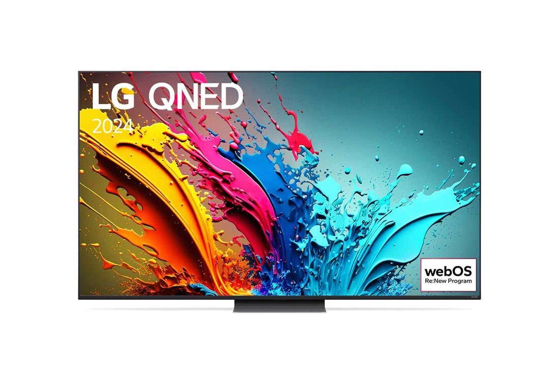 LG QNED86 4K Smart TV 2024 od 65 inča, Prednji prikaz televizora LG QNED TV, QNED86 s tekstom LG QNED, 2024,. i logotipom operativno sustava webOS Re:New Program na zaslonu, 65QNED86T3A