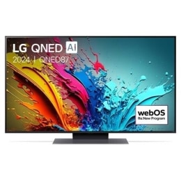 Prednji prikaz televizora LG QNED TV, QNED87 s tekstom LG QNED, 2024,. i logotipom operativno sustava webOS Re:New Program na zaslonu2